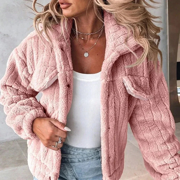 Pink Casual Women's Fashion Stand Collar Fuzzy Jacket Coat - Picture 7 of 7